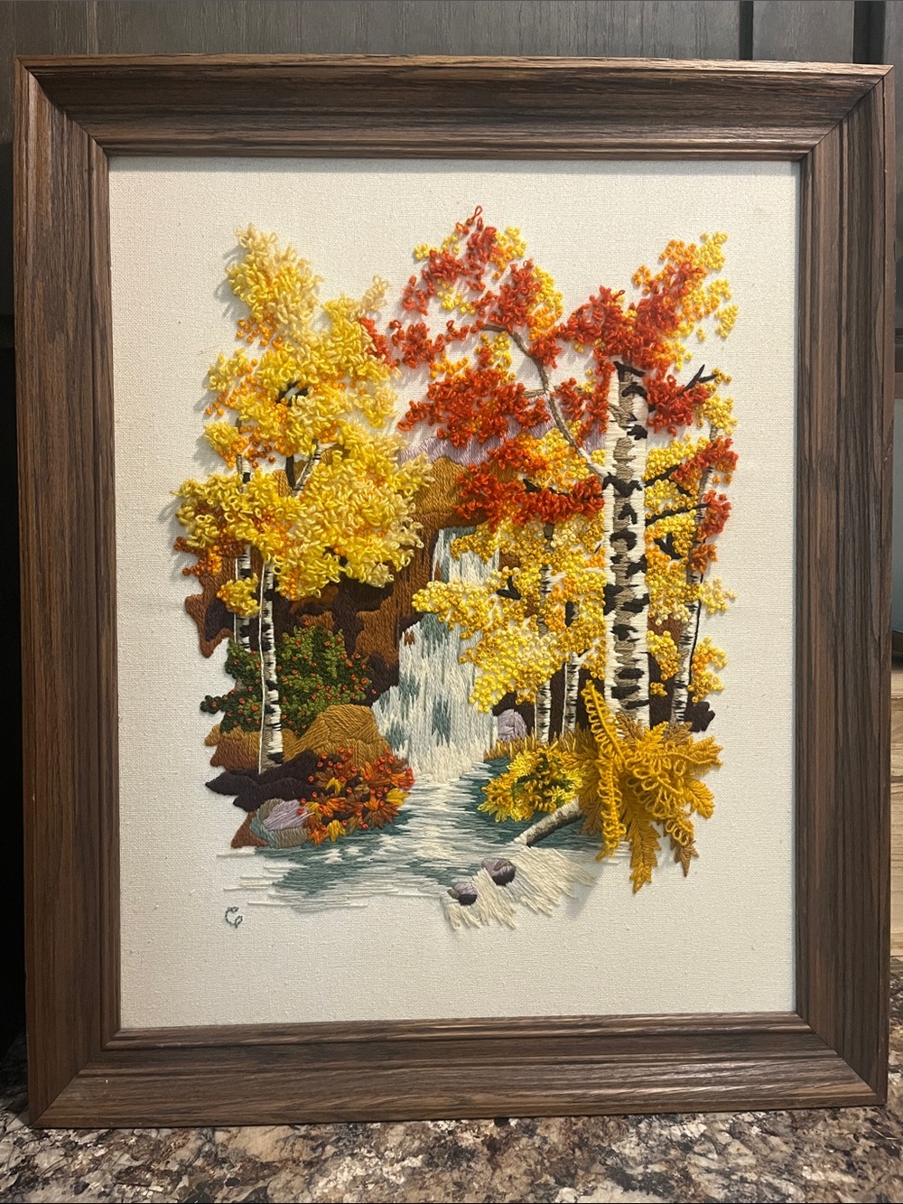 Vintage Crewel Autumn Waterfall by Sunset
Designs 1979 Framed Art Work